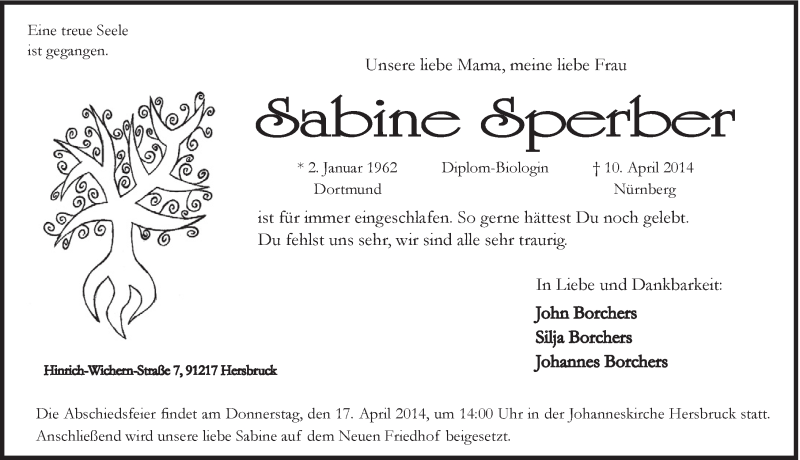  Traueranzeige für Sabine Sperber vom 14.04.2014 aus Hersbrucker Zeitung